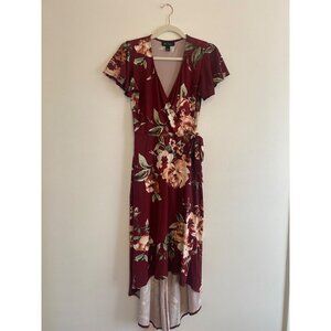BCX Women’s Floral Wrap Dress Burgundy Flutter Sleeves High-Low Hem Size S